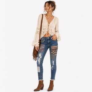Est 1946 Jeans Womens 10 Embroidered Patchwork Distressed Skinny Boho Raw Hem